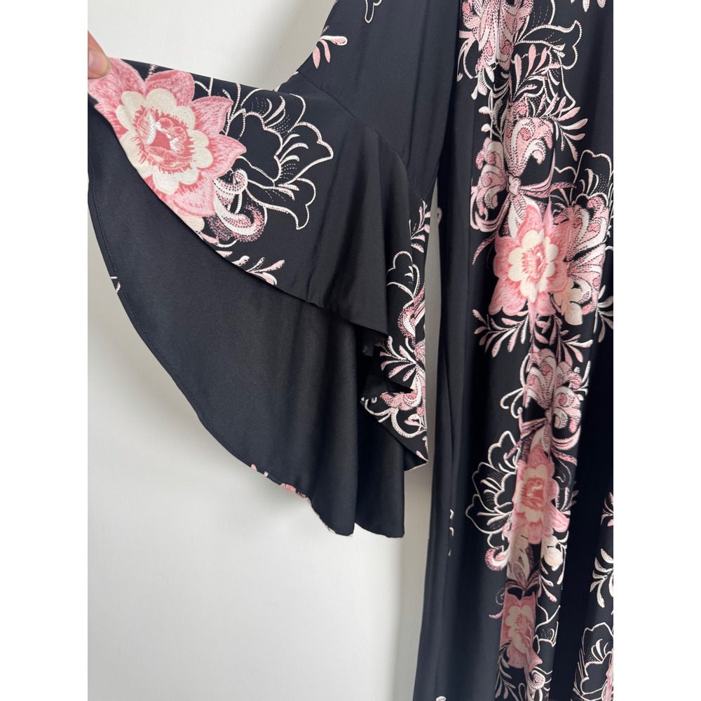 Boho MSK Women 2X Shift Dress Black Pink Floral Tiered Bell Sleeve Embroidered - Picture 4 of 9